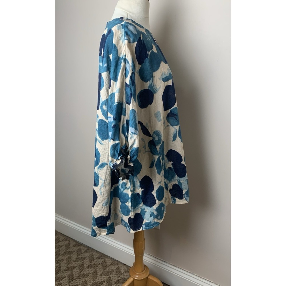 NEW Artsy Lagenlook Linen Top Womens One Size Abstract Blue Print HiLow - Picture 13 of 14